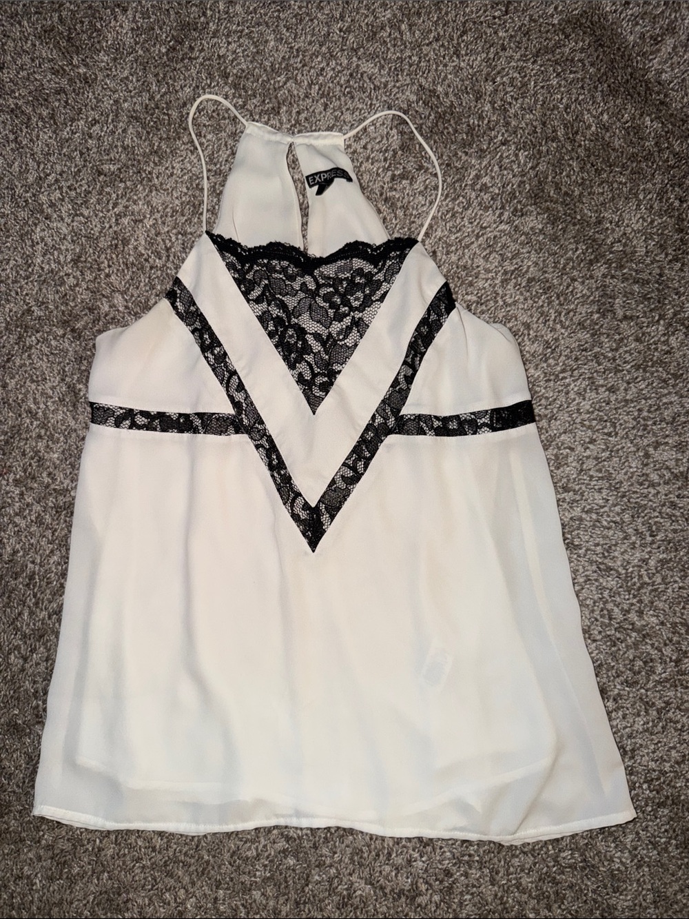 Express White Halter Tank with Black Lace V Detail